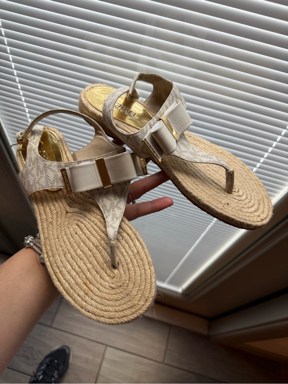 Michael Kors Neutral Beige Espadrille Thong Sandals with Bow Trim